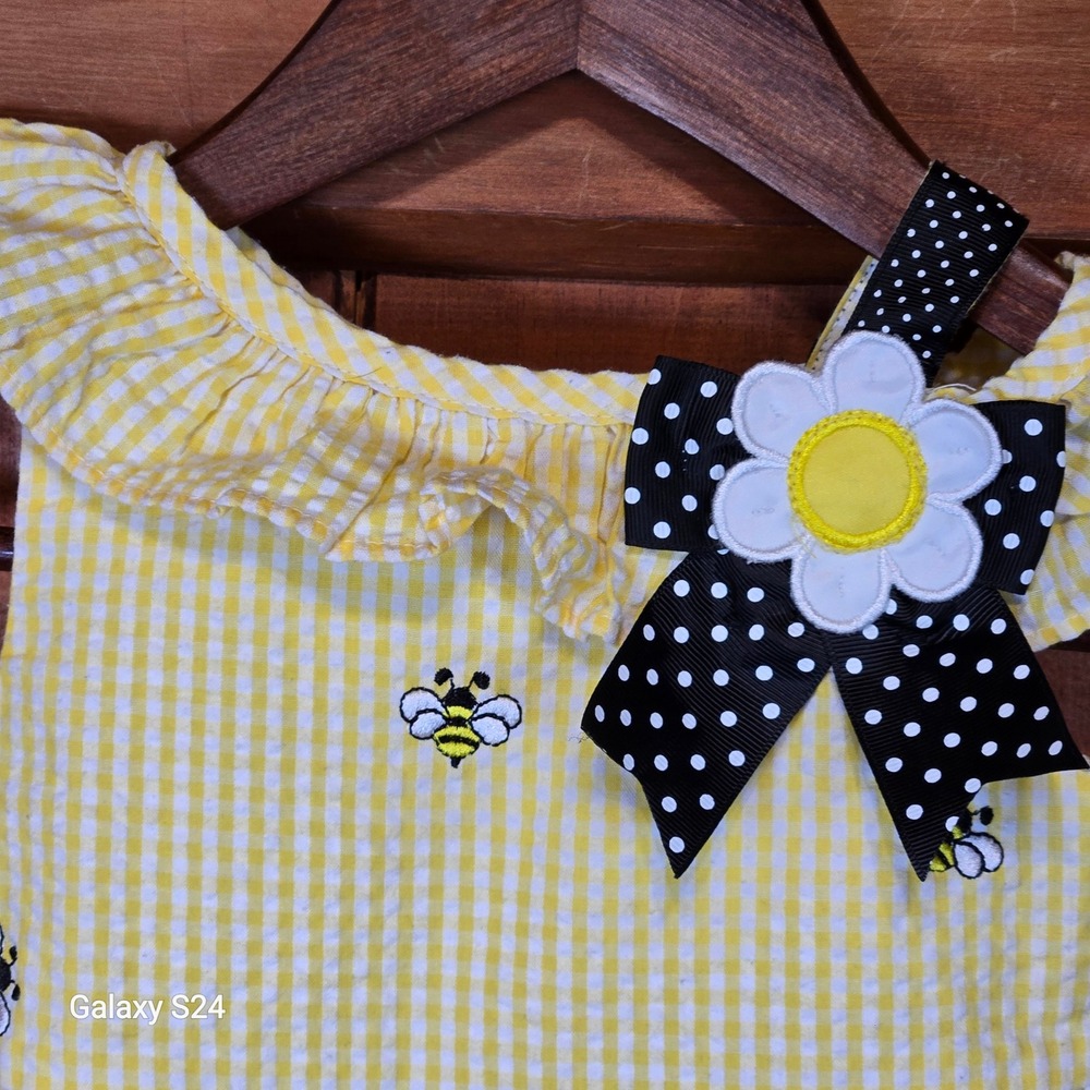 Counting Daisies Toddler Girls Yellow Gingham Bee Dress Polka Dot Bow 2T S915793